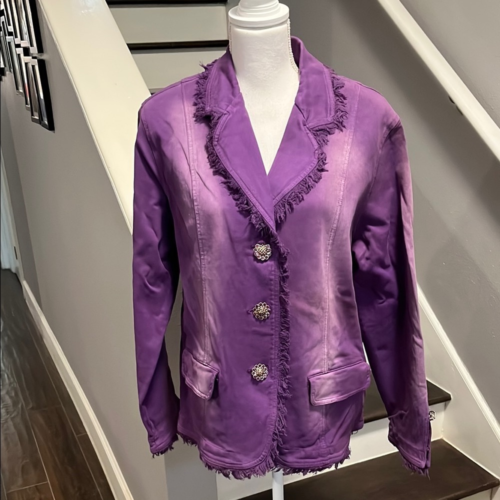 DG2 Diane Gilman Faded Washed Purple Jacket. Fringe Trim. Rhinestone Buttons. Lg